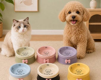 Pastel Bow Ceramic Pet Bowl, Raised Cat Dog Food Water Dish Set