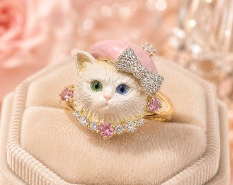 Rhinestone Cat Face Ring, Kawaii Kitty Jewelry, Adjustable Alloy Ring