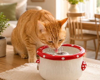 Mushroom Ceramic Pet Water Fountain, Cat Dog Drinking Bowl with Pump Filter