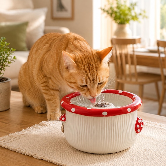 Mushroom Ceramic Pet Water Fountain, Cat Dog Drinking Bowl with Pump Filter