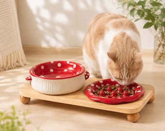 Mushroom Ceramic Pet Bowl Set, Raised Wooden Stand, Slow Feeder Option