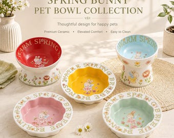 Ceramic Pet Bowl Set, Elevated Tilted Feeder, Floral Bunny Design, Cats Dogs