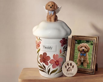 Hand-Painted Ceramic Pet Urn, Angel Dog Cat Memorial Keepsake, Personalized Ashes Display