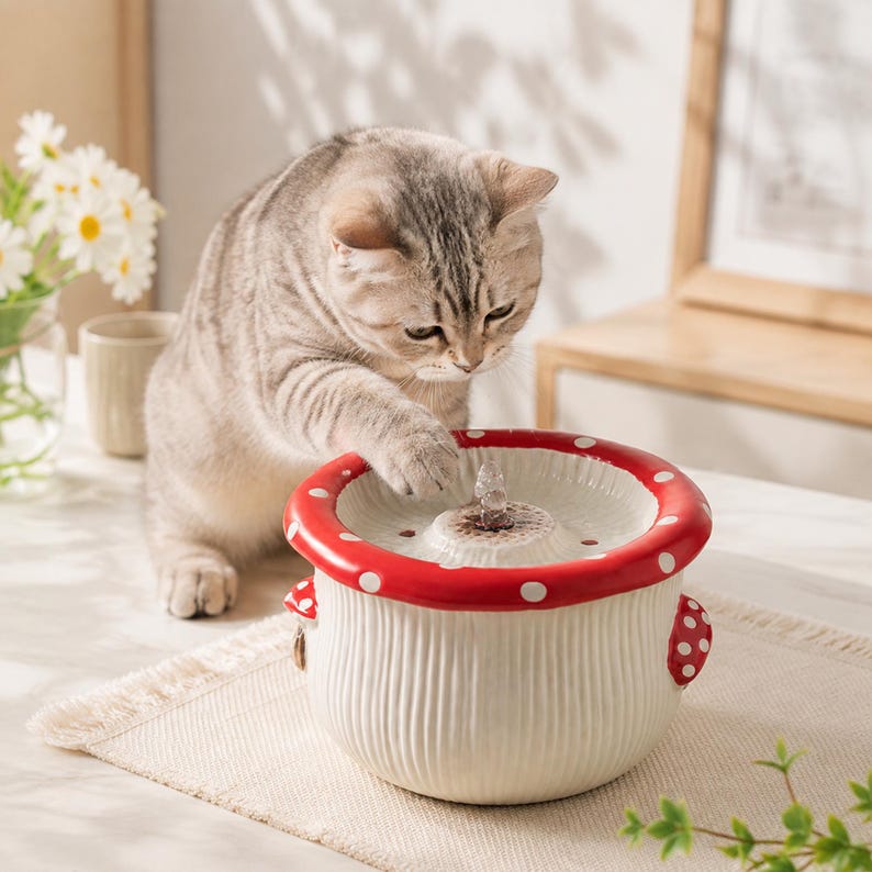 May include: A ceramic pet water fountain shaped like a mushroom with a cream-colored base featuring vertical ridges and a red cap with white polka dots. A small stream of water flows from the center of the fountain top while a cat touches it.