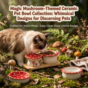 May include: A ceramic pet bowl collection featuring mushroom-themed designs. The set includes two bowls on a wooden stand and two separate bowls, all with red and white spotted rims. Text reads: Magic Mushroom-Themed Ceramic Pet Bowl Collection.