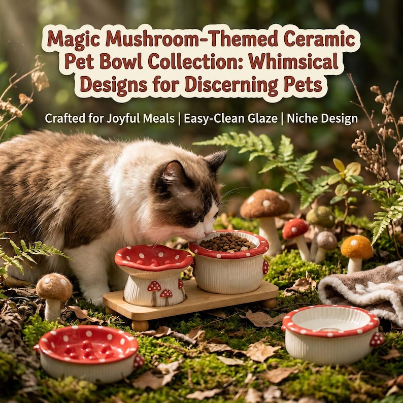 May include: A ceramic pet bowl collection featuring mushroom-themed designs. The set includes two bowls on a wooden stand and two separate bowls, all with red and white spotted rims. Text reads: Magic Mushroom-Themed Ceramic Pet Bowl Collection.