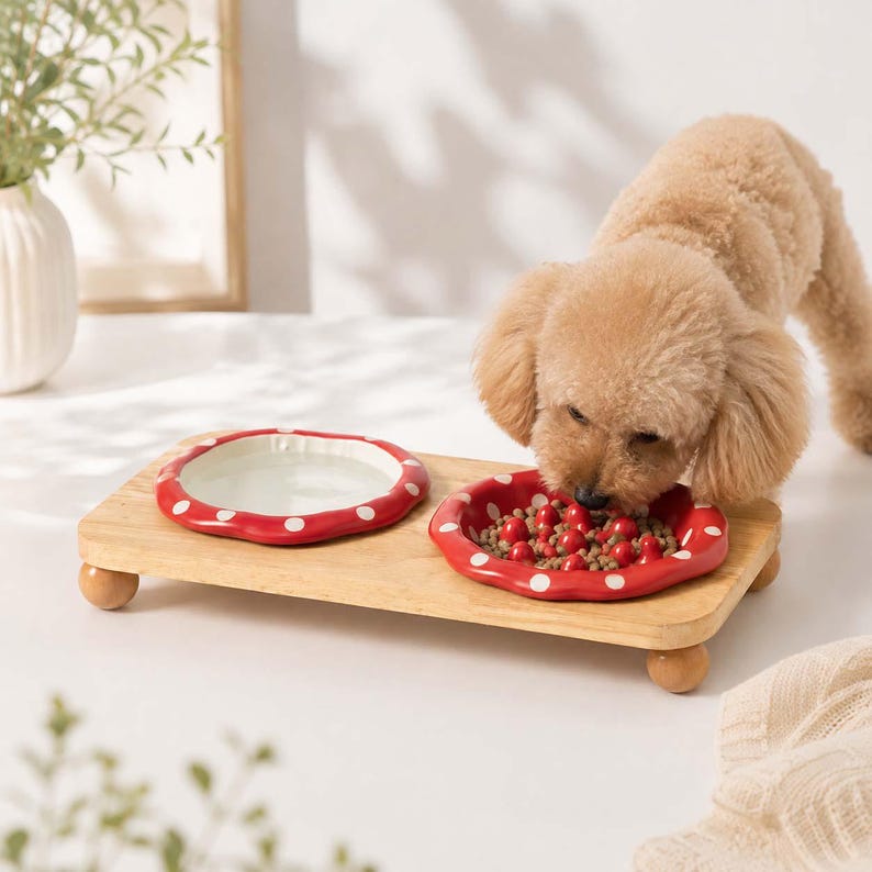 May include: A light-colored wooden pet feeder stand with four small ball-shaped feet, featuring two round, red ceramic bowls with white polka dots. One bowl is empty, and the other contains brown dry pet food pellets for a small tan dog.