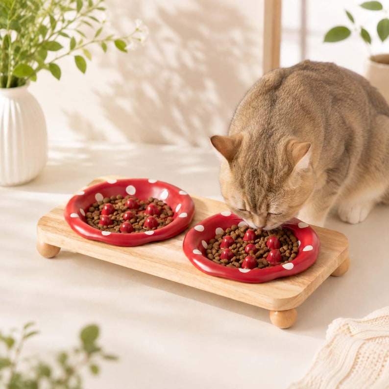 May include: A light brown tabby cat eating from two red, round, ceramic pet bowls with white polka dots and small red protrusions inside. The bowls are set on a rectangular, light-colored wooden stand with four small, rounded feet.