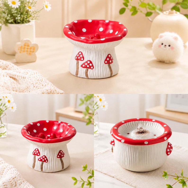 May include: A ceramic bowl shaped like a mushroom with a red cap featuring white spots and a white stem with vertical ridges. The exterior of the stem is decorated with small painted mushroom illustrations. The bowl has a wide, open top design.