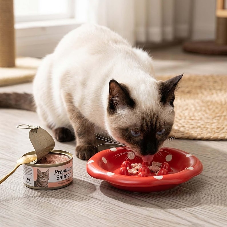 May include: A cream and brown cat eating from a red, mushroom-shaped ceramic bowl with white polka dots. Beside the bowl sits an open metal can labeled Premium Salmon with a picture of a cat and a gold-colored spoon resting on the rim.