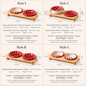 May include: Four styles of pet bowl sets featuring red and white mushroom-themed ceramic bowls on rectangular oak stands with round feet. Each set includes detailed dimensions in inches, weight in pounds, and capacity in ounces for each bowl.