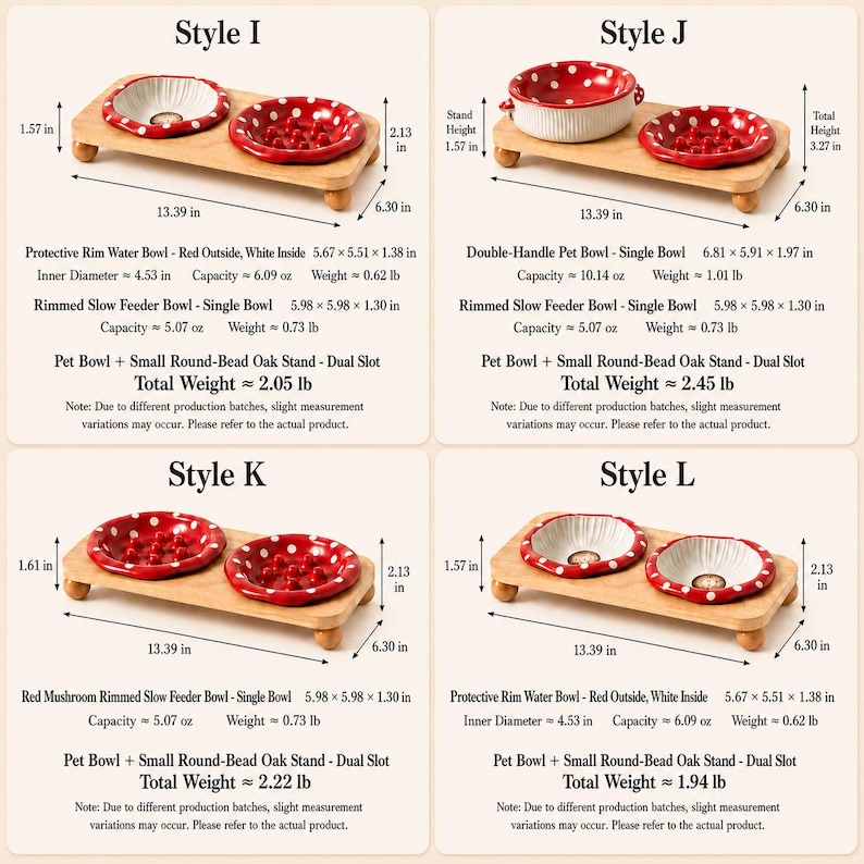 May include: Four styles of pet bowl sets featuring red and white mushroom-themed ceramic bowls on rectangular oak stands with round feet. Each set includes detailed dimensions in inches, weight in pounds, and capacity in ounces for each bowl.