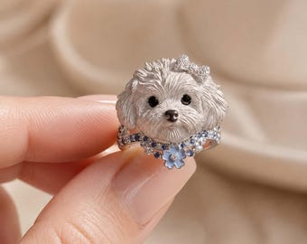 Bichon Frise Dog Head Ring, Alloy Puppy Jewelry, Adjustable Pet Lover Gift