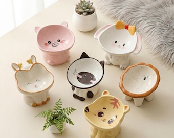 Elevated Ceramic Pet Bowl, Animal Shaped Cat Dish, Small Dog Feeder