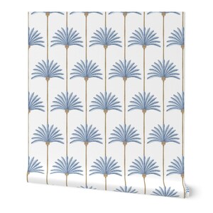May include: Wallpaper featuring a repeating pattern of blue fan-shaped palm leaves on thin brown vertical stems against a solid white background. The design is arranged in a grid-like structure with evenly spaced botanical motifs across the surface.