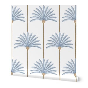 May include: A roll of wallpaper featuring a repeating pattern of stylized palm trees. The trees have thin, vertical brown trunks and wide, fan-shaped fronds in shades of light blue and white, set against a solid, clean white background.