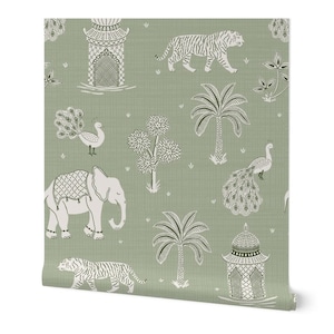 May include: A roll of wallpaper featuring a repeating pattern of white tigers, elephants, peacocks, pagodas, and palm trees on a muted green background. The design has a vintage, exotic aesthetic.