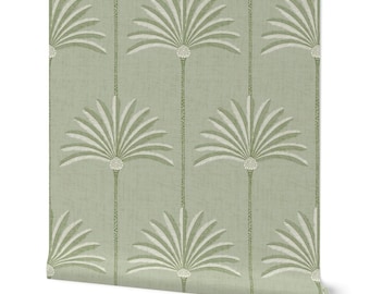 Sage green palm stripe wallpaper, tropical beach house style, WP#105