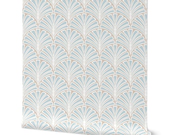 Blue and Beige Scallops Peel and Stick Wallpaper, Coastal Decor, WP#64