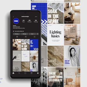 Könnte beinhalten: Ein Smartphone zeigt eine Instagram-Vorlage mit Beiträgen zum Thema Innenarchitektur. Die Vorlage enthält den Text "SOAK IN THE SPACE" und "Lighting basics". Das Bild zeigt auch den Text "21 Posts, 40 Slides, 6 Karussells, 40 Stories".
