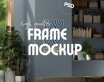 A3 Frame Wall Art Mockup PSD | Living Room Behind Couch Template with Shelf & Plants | Modern Minimal Poster Display