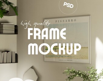A0 Horizontal Canvas Poster Mockup PSD | Living Room Lowboard Wall Art Frame Template | Modern Minimalist Interior Decor