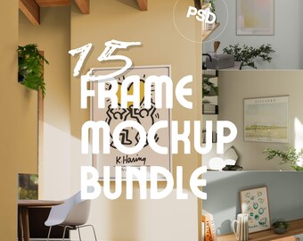 15 Scene Bundle | A0 Canvas Poster Mockups PSD | Modern Interior Wall Art Frame Templates | Living Room, Kitchen, Dining Room Display