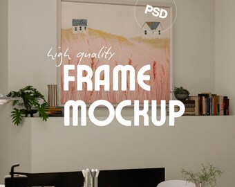 Modern Minimalist Canvas Poster Mockup PSD | Horizontal Wall Art over Fireplace | Neutral Living Room Decor | Bright Natural Light Scene