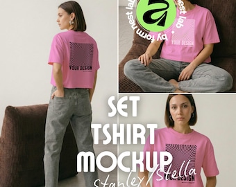 Bubble Pink Stanley/Stella Stella Nova Mockup Pack, 3 Model Poses, Set Front Back Posed