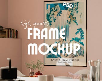 A00 Black Frame Wall Art Mockup PSD | Dining Room View from Kitchen Template | Modern Minimalist Poster Display Home Decor