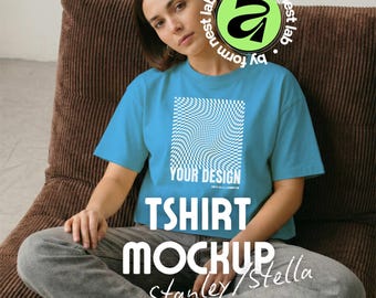 Stanley/Stella Stella Nova Mockup Aqua Blue, T-Shirt Model Mockup, Affinity & Canva, Clean Pose 01