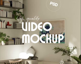 A0 Horizontal Video Mockup PSD – Modern Livingroom with Sideboard, Poster Display MP4