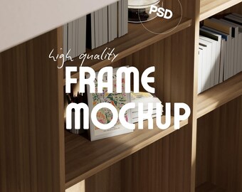 A5 Frame Poster Mockup PSD | Open Bookshelf Wall Art Template | Living Room Minimalist Interior Display PSD