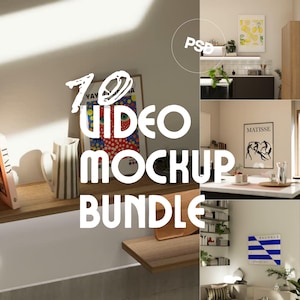 Könnte beinhalten: Ein zusammengesetztes Bild, das Innenarchitektur-Mockups zeigt. Das Bild zeigt verschiedene Räume mit gerahmter Kunst, darunter ein Matisse-Druck und ein Bauhaus-Design. Der Text-Overlay lautet "70 VIDEO MOCKUP BUNDLE".