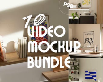 Video Mockup Bundle PSD – 10 DIN A4 Poster Scenes, Living Room & Kitchen, Animated Wall Art MP4
