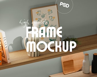 A4 Poster Mockup PSD | Kitchen Wooden Shelf Wall Art Frame Template | Modern Neutral Minimal Interior Display