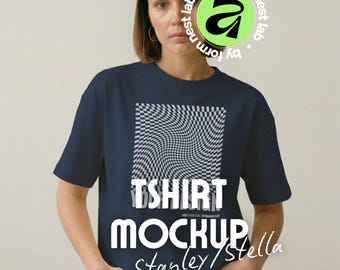 French Navy Stanley/Stella Stella Nova Mockup, Standing Model Mockup, Affinity & Canva, Clean Pose 02