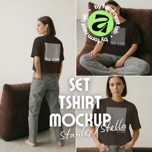 May include: Black t-shirt mockup with a white and black wavy design on the back and the text "YOUR DESIGN". The image includes a woman wearing the shirt and gray jeans. The text "SET TSHIRT MOCKUP Stanley/Stella" is also visible.