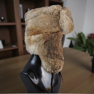100% Authentic Rabbit Fur Ushanka Trapper Hat Ear Flap Hat - Men Faux Fur hat - Aviator Hat Russian Hat Ski Hat Christmas Gift for Son