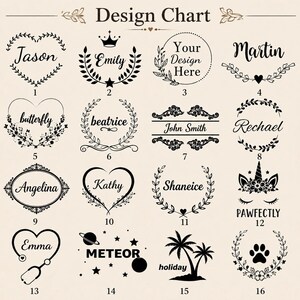 May include: A black and white design chart featuring sixteen numbered options for custom engraving. Each option displays unique black line art graphics, including floral wreaths, hearts, stars, a crown, a unicorn, a stethoscope, and palm trees.