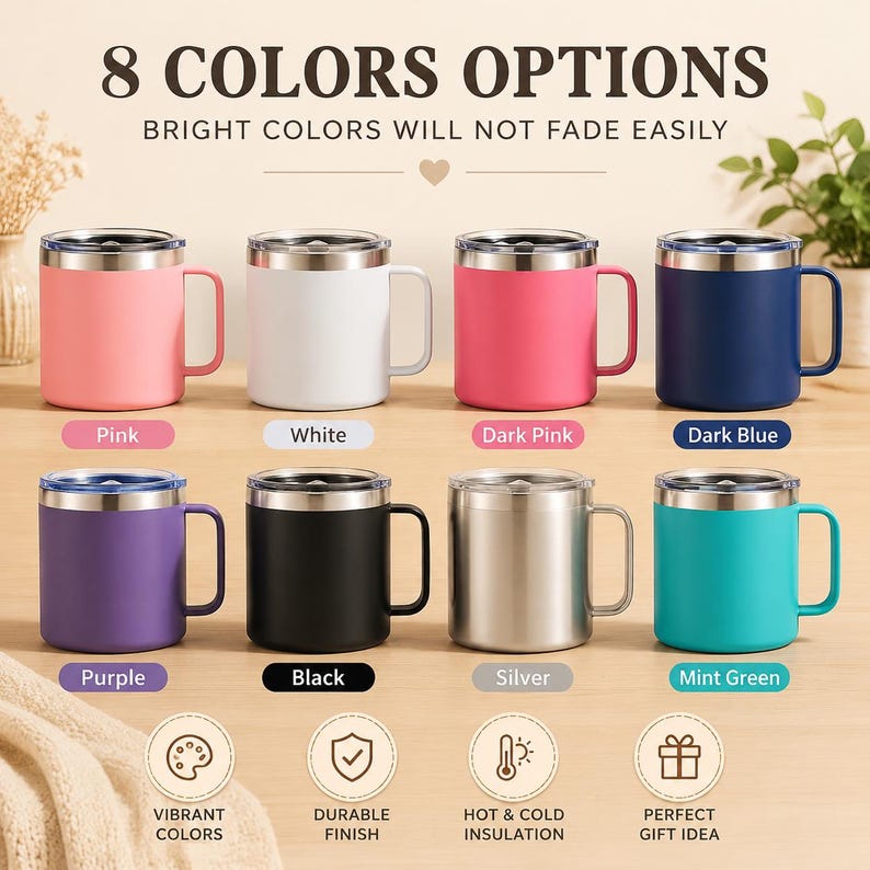 May include: Eight stainless steel mugs with lids, each featuring a different solid colour finish: pink, white, dark pink, dark blue, purple, black, silver, and mint green. The text 8 COLORS OPTIONS and BRIGHT COLORS WILL NOT FADE EASILY is visible.