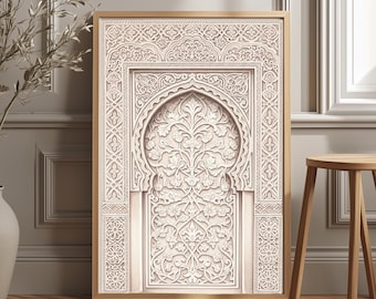May include: A framed print featuring a detailed, off-white relief design of an arched doorway with floral and geometric patterns. The artwork is set in a light brown wooden frame, creating a sophisticated aesthetic. The print is displayed on a wooden floor.
