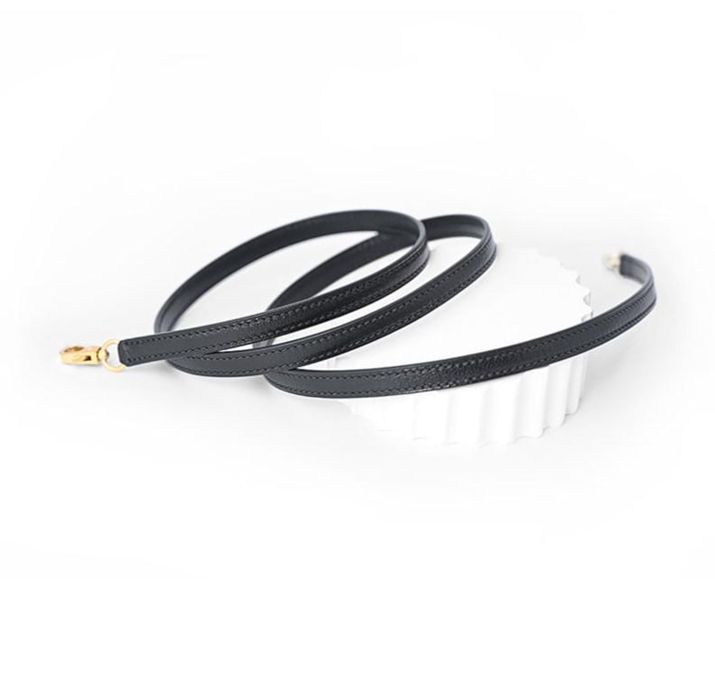 May include: A black leather strap with a gold-colored clasp. The strap is thin and appears to be stitched along the edges. The strap is coiled on a white surface.