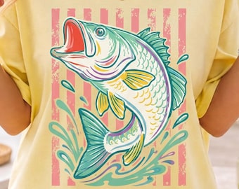 Retro Bass Fish Comfort Colors Shirt, Preppy Coastal Lake Design, Pastel Fishing Graphic Tee, Preppy Coastal Lake Summer Outfit Gift Shirt