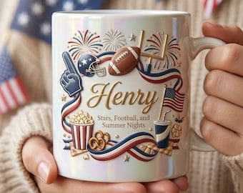 Personalized Patriotic Football Ceramic Mug, Custom USA Cup, Game Day Fireworks and Fun Gift