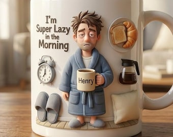 Personalized Funny Morning Mug, Custom Lazy Guy Coffee Mug, Cozy Pajama Breakfast Gift
