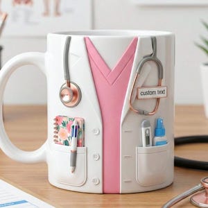 Puede incluir: Taza de cer&aacute;mica blanca dise&ntilde;ada para parecerse a una bata de m&eacute;dico, con solapa rosa, estetoscopio y bolsillos con accesorios m&eacute;dicos. La taza tiene el texto "custom text" en el estetoscopio.