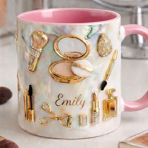 Taza personalizada para amantes del maquillaje, taza de café de belleza con nombre personalizado, taza de cosméticos dorada de lujo, regalo glamoroso y femenino para ella