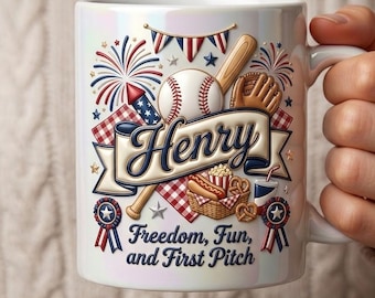 Personalized Patriotic Baseball Ceramic Mug, Custom Freedom Fun First Pitch Cup, Summer Americana Gift