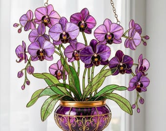 Purple Orchid Plan Pot Acrylic Suncatcher, Floral Wall Art Window Hanging, Garden Decor Gift Flower Lovers, Gift For Mom Mother's Day